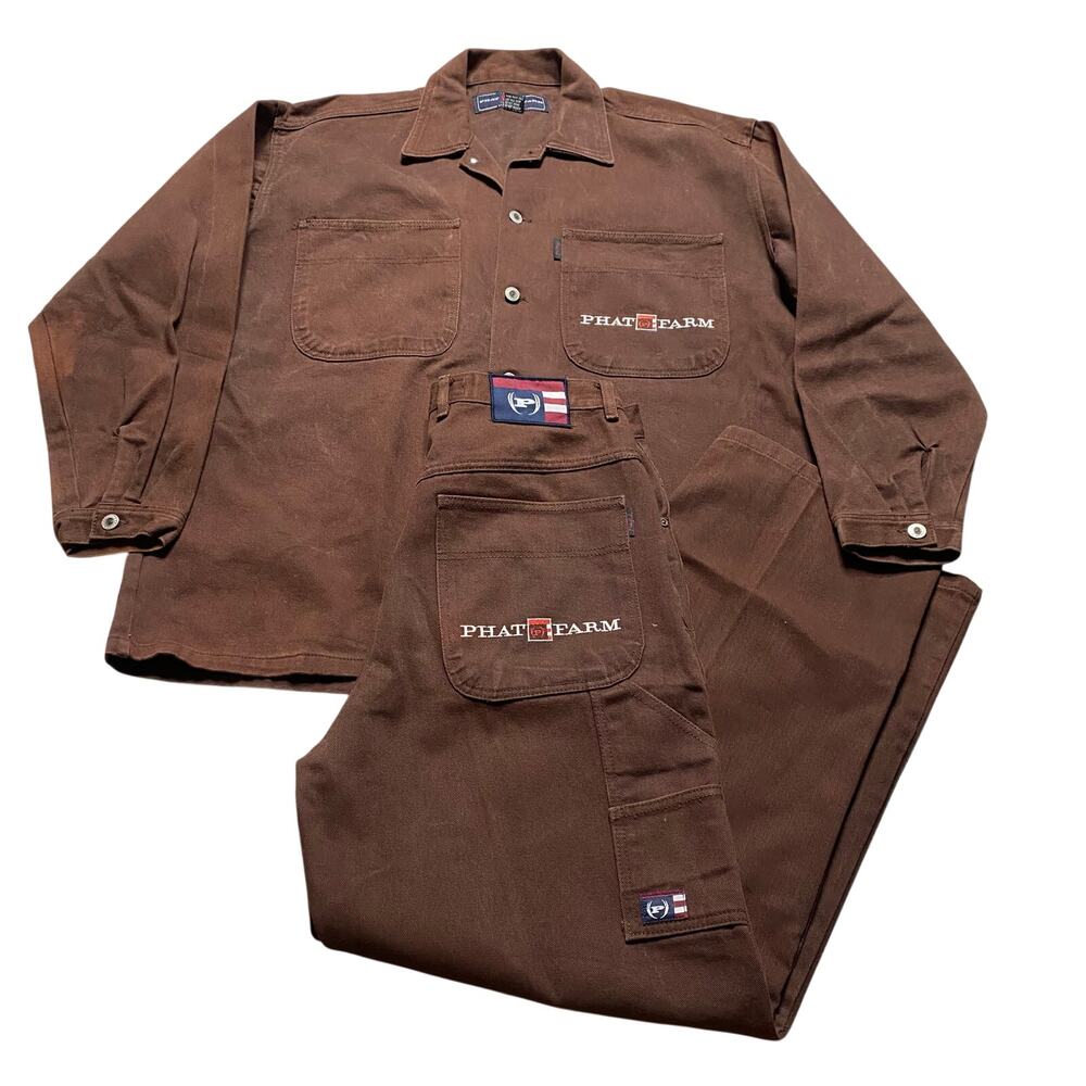 Vintage Y2K Phat Farm Mens Large Brown 2pc Denim Suit Large Jacket 36x33 Pants